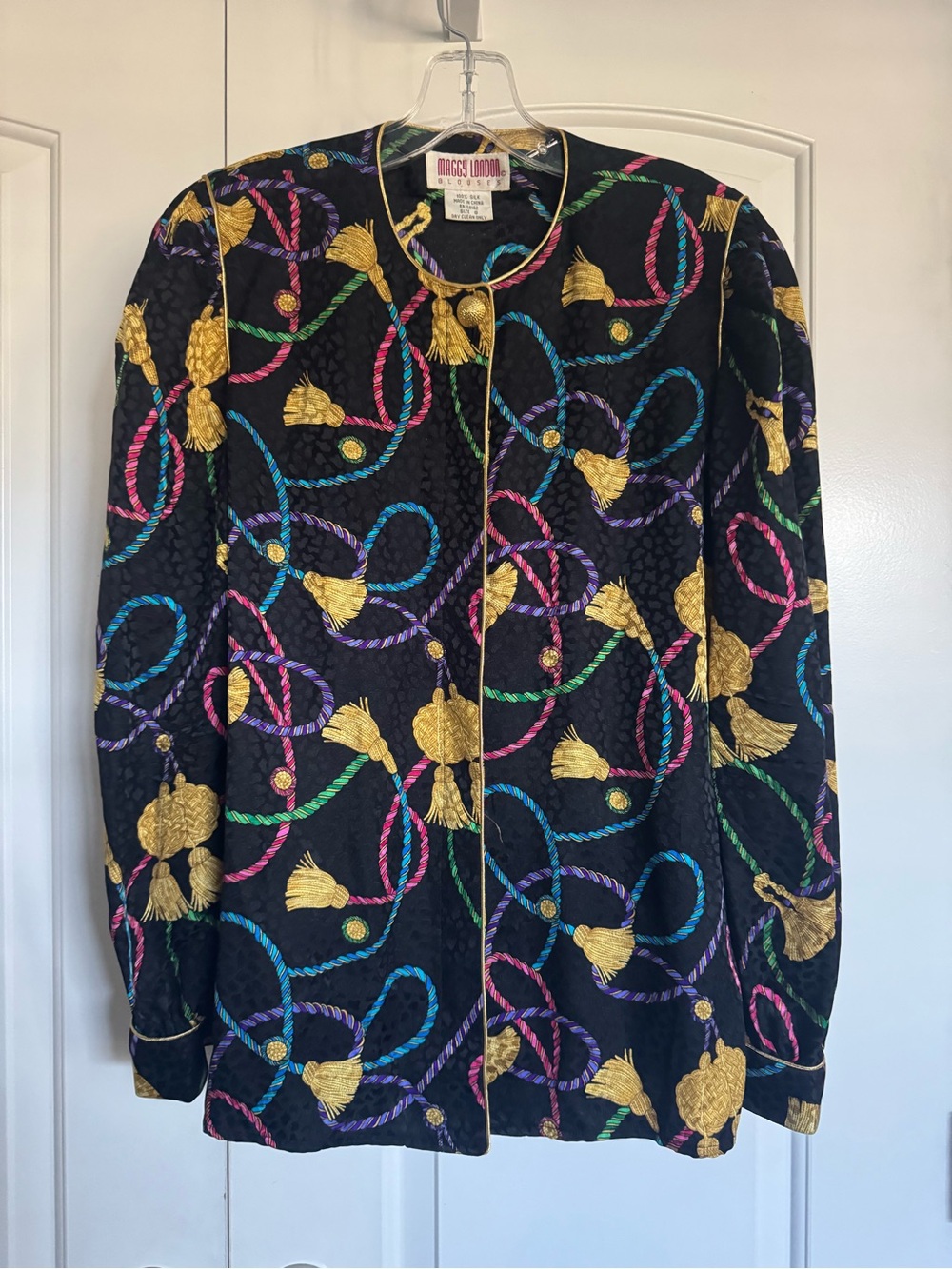 Vintage 80s Maggy London 100% silk rope tassel printed button front blouse